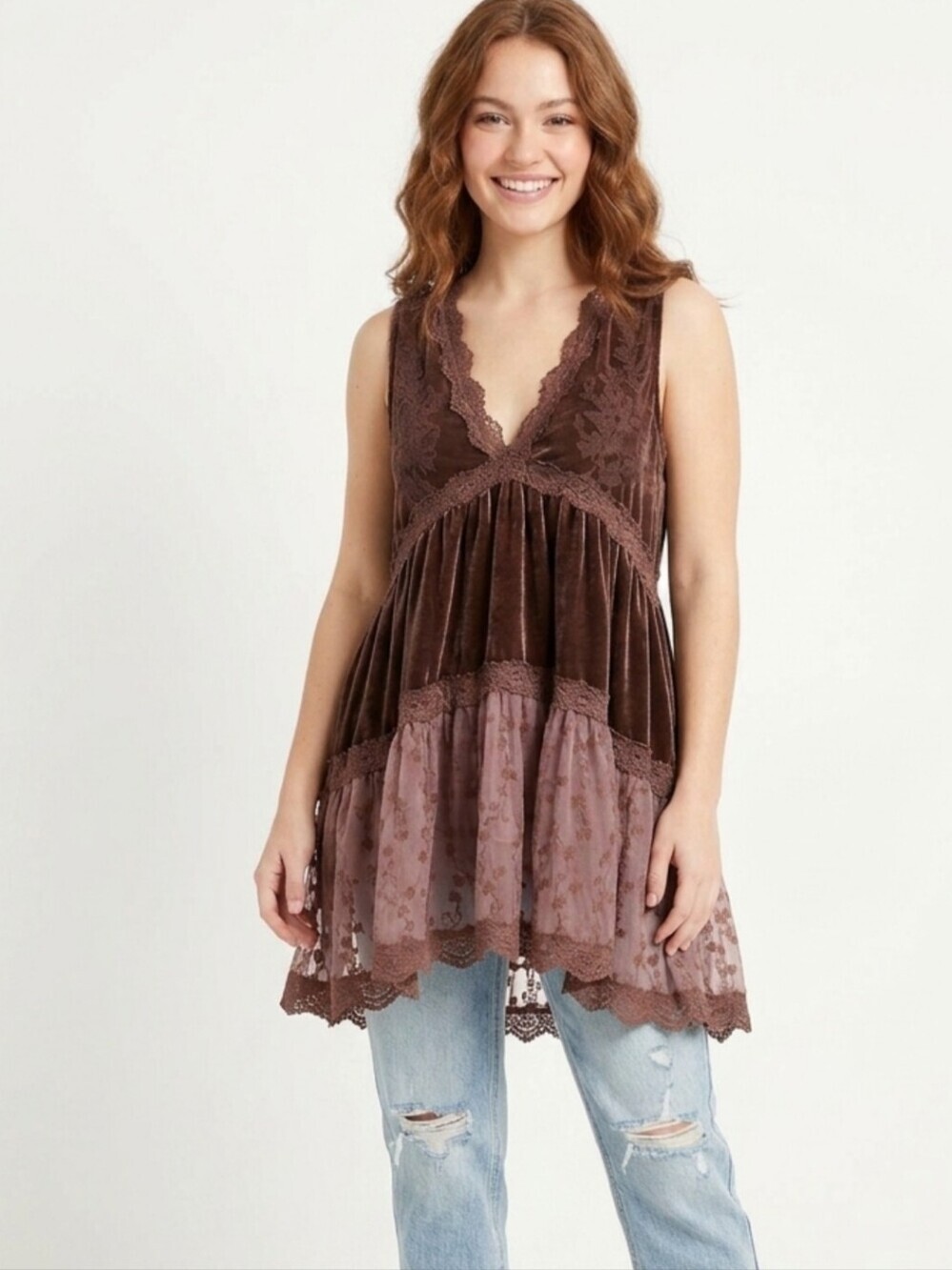 POL Women's Crushed Velvet Embroidered Bohemian Babydoll Tunic/Top S